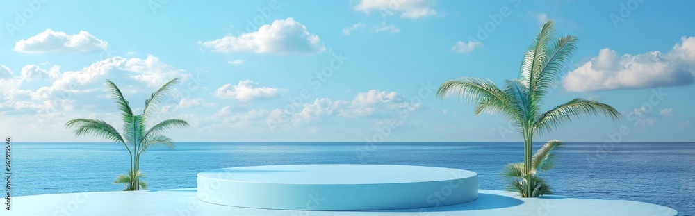 Poster summer themed product display podium set against a blue backdrop of sea and sky 3d rendering