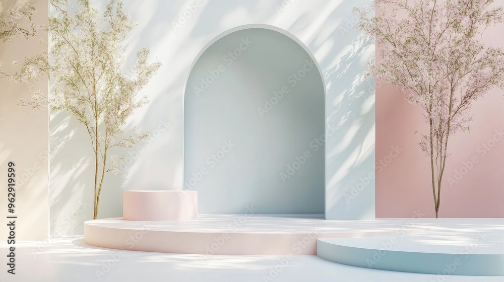 Poster Geometric podium for minimal product display in soft pastel colors ideal for mockups and business presentations 3D rendering illustration