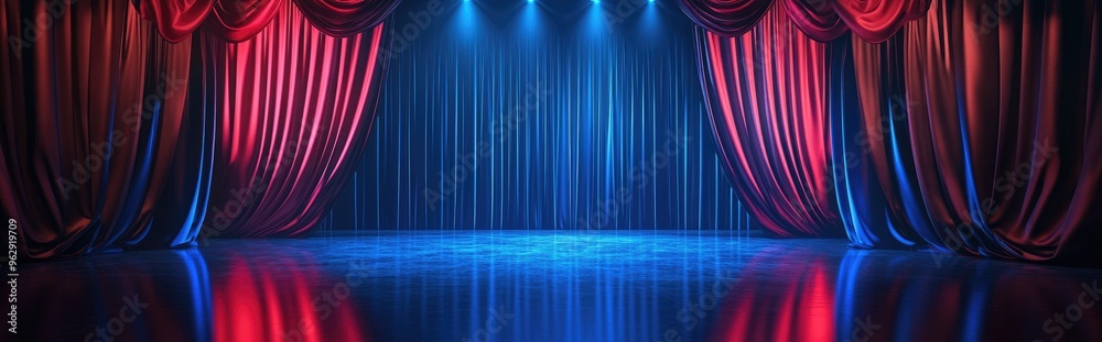Poster blue 3d rendered theater design featuring curtains and a glossy stage floor with closed drapery and 
