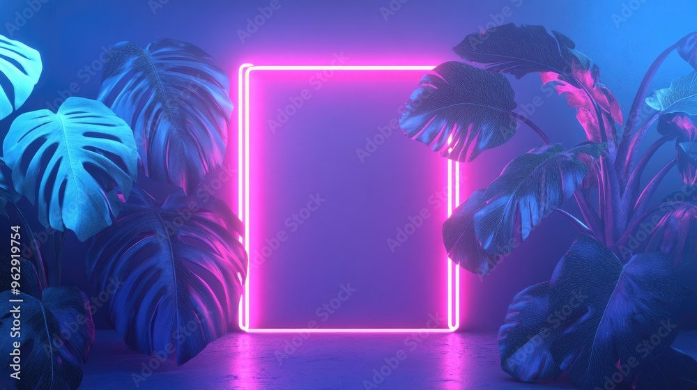 Poster product display featuring neon lighting and monstera leaves minimalistic design vaporwave art and fu
