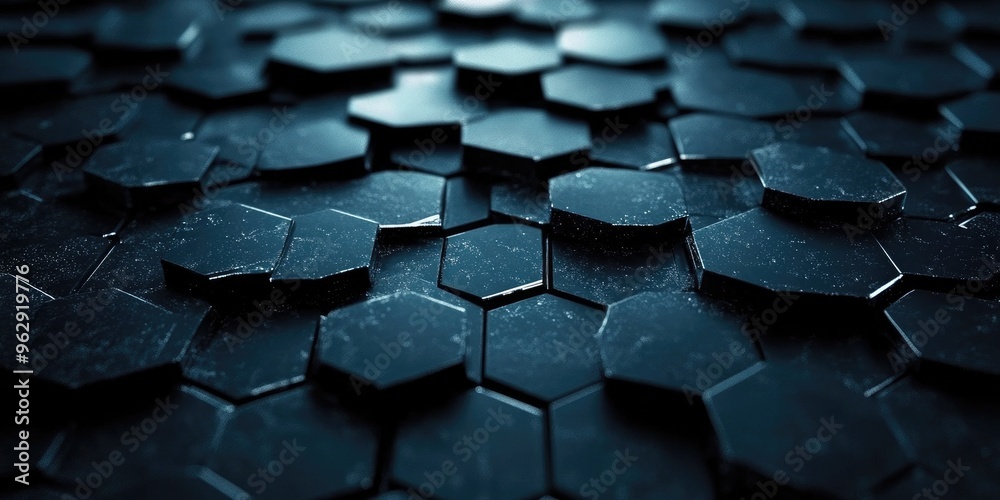 Poster Dark hexagonal platforms interconnected in a background 3D rendering Digital computer artwork