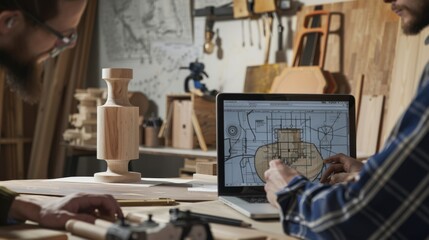 Two designers in a woodworking studio discuss a digital blueprint displayed on a laptop, with a wooden model on the table, indicating collaborative creation.