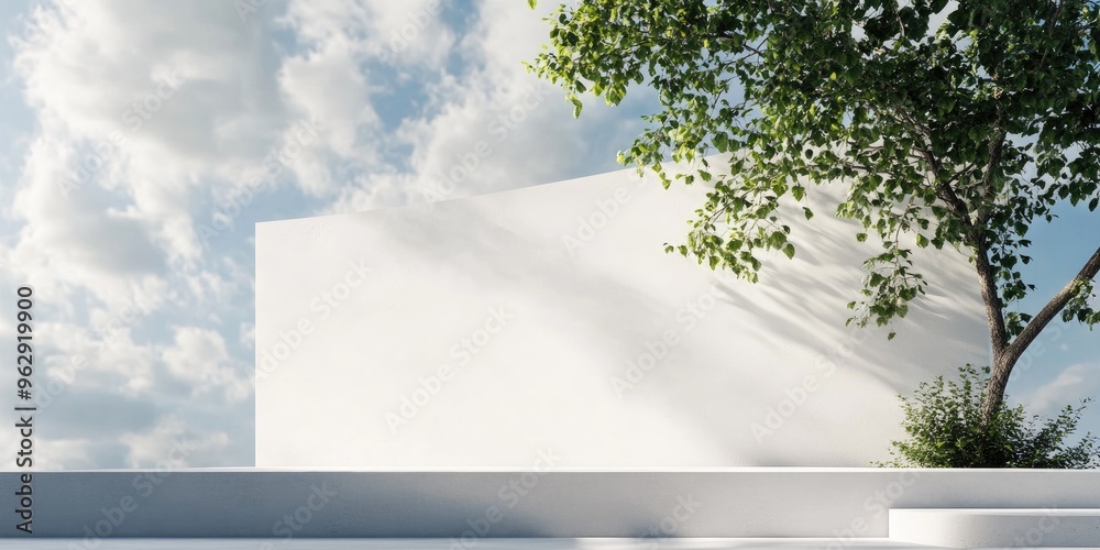 Aufkleber blurry sky above podium with white wall and tree 3d rendering