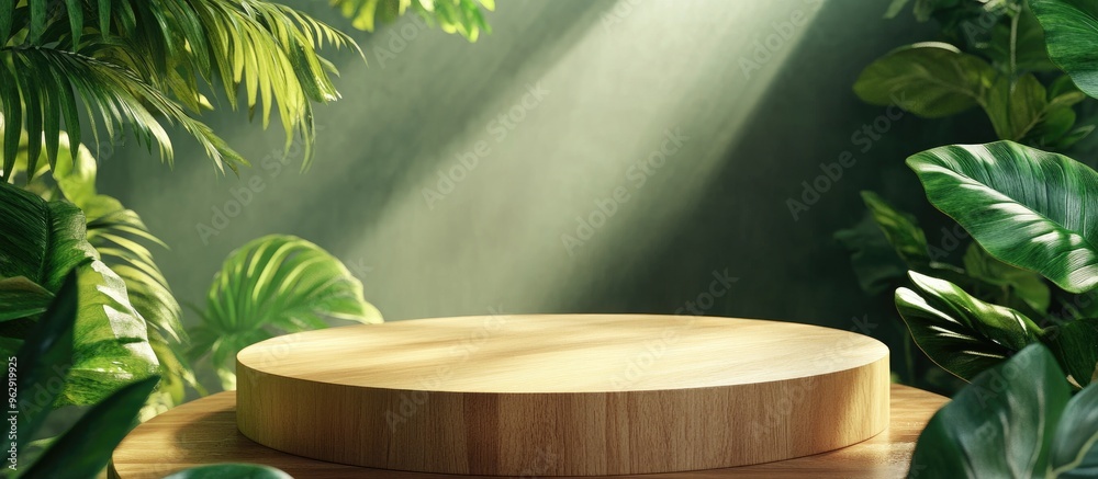 Aufkleber realistic 3d rendered background for product display close up of a round empty oak table illuminated