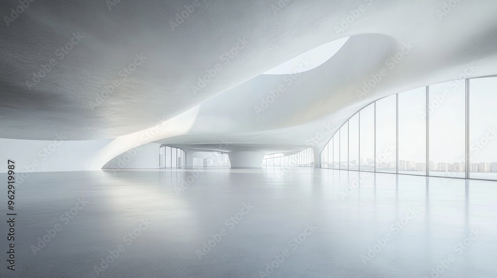 Aufkleber Abstract design of modern architecture featuring an empty interior with open space 3D rendering