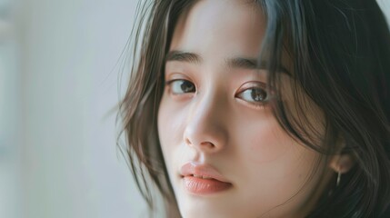 Fototapeta premium A gentle portrait of a person with a calm, contemplative expression, lit softly by natural light, embodying serenity and depth, with a serene and soothing ambiance.