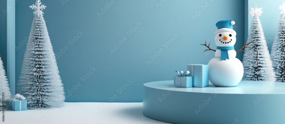 Poster festive background featuring christmas trees a snowman and an empty pedestal in blue ideal podium fo