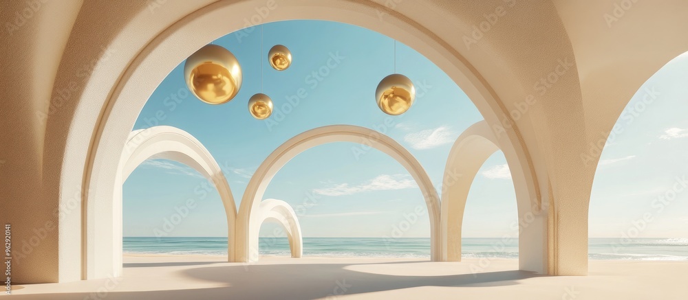 Poster abstract architectural design featuring arches and suspended golden spheres set against a sandy beac