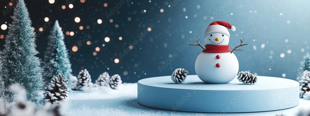 Aufkleber Mockup podium for product display featuring a Christmas snowman scene in 3D rendering