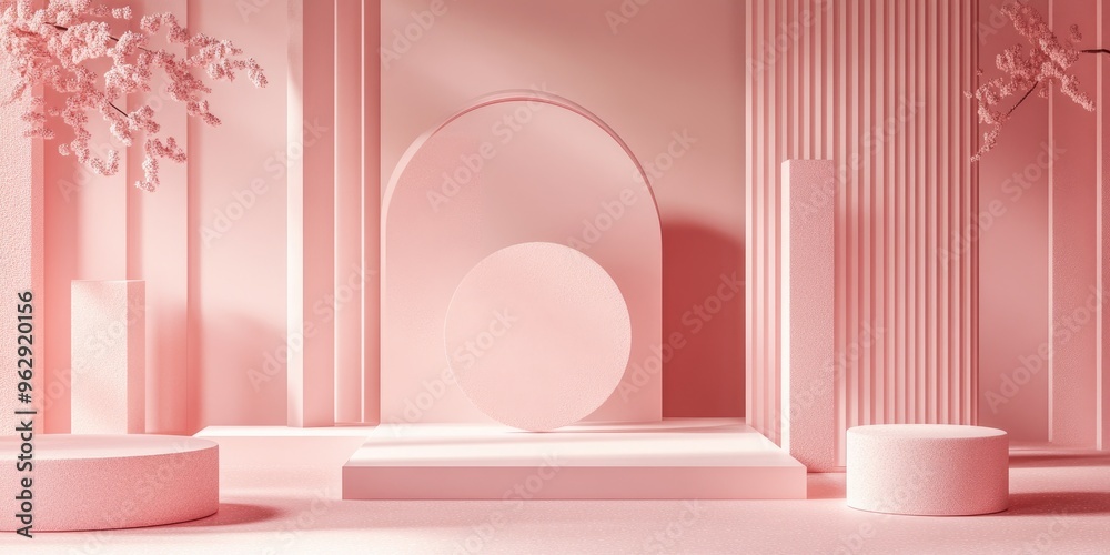 Aufkleber Abstract geometric shapes in pastel pink hues create a minimalistic scene with decorative elements and props designed for showcasing cosmetics or product displays in a 3D render