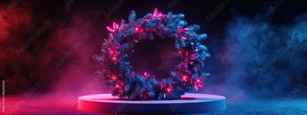 Poster festive display stand featuring a christmas wreath with fir branches 3d rendering 3d illustration