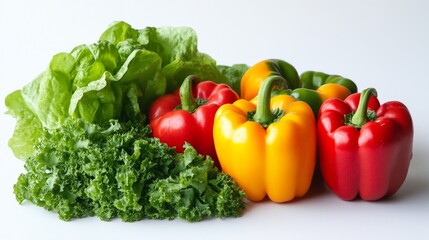 Vibrant and fresh vegetables are beautifully arranged. This image showcases colorful peppers and leafy greens. A perfect representation of healthy eating and cooking inspiration. AI