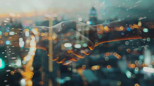 Two hands confidently shake against a beautifully blurred background of city lights, symbolizing a successful partnership forged in an urban setting.