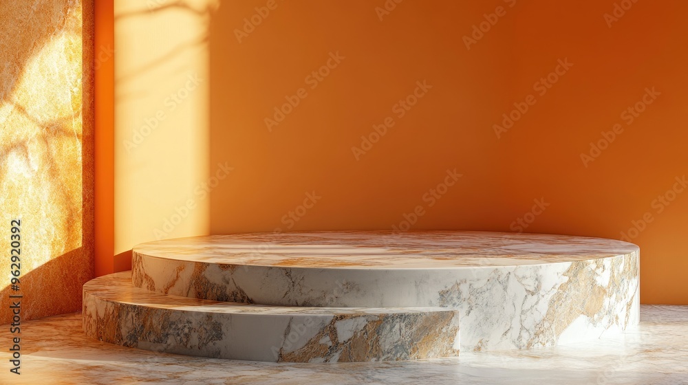 Aufkleber futuristic marble podium or display stand with orange backdrop 3d rendering