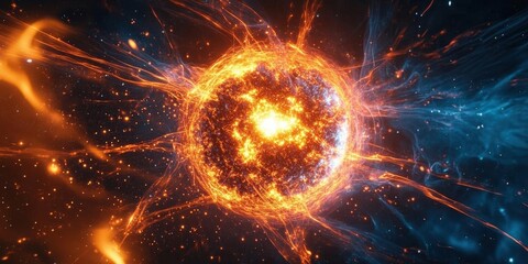 Obraz premium A mesmerizing depiction of a vibrant star, radiating energy with fiery colors and dynamic visual patterns in a cosmic setting.