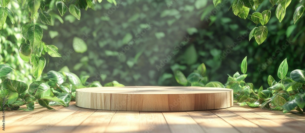 Aufkleber wooden podium on a surface adorned with green foliage ideal for product display eco friendly theme 3