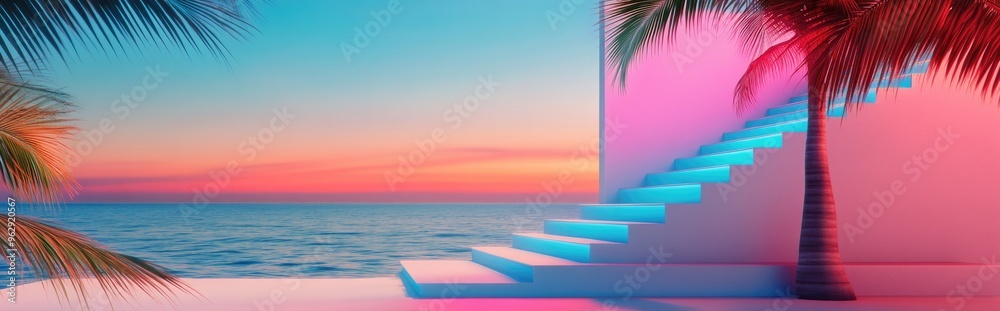 Aufkleber Summer beach setting featuring white stairs and palm tree shadows ideal for product presentation Abstract three dimensional summer landscape with a view of the ocean