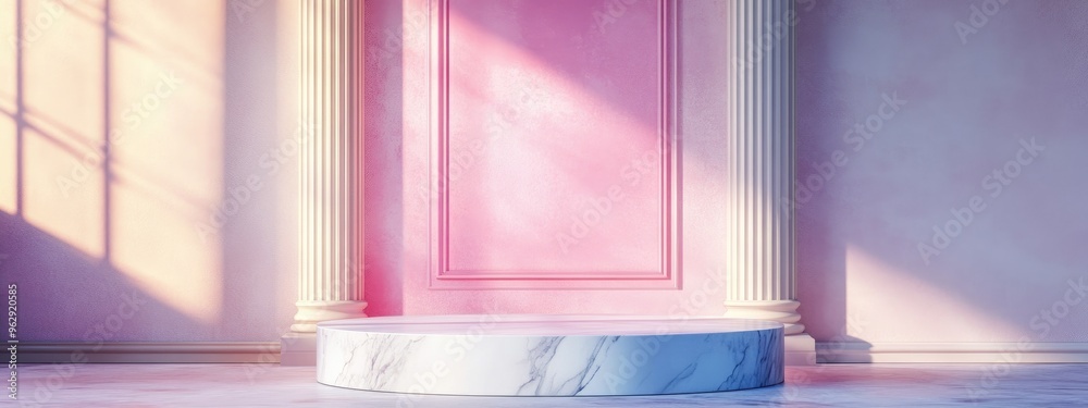 Poster classic cornice molding with shadows on a plaster and marble wall behind a window exhibition podium 