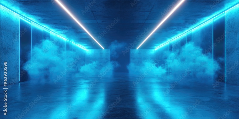 Poster futuristic smoke in a vibrant blue neon setting with glowing led lasers illuminating a modern elegan