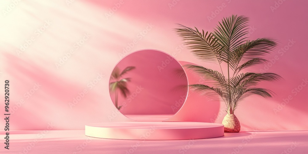 Poster Round podium and glass screen on a pink background with a small palm tree Natural display Minimalist design 3D rendering