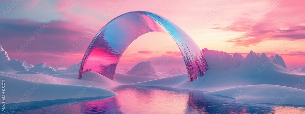 Poster surreal dreamlike background featuring an abstract winter landscape with dunes and a geometric arch 