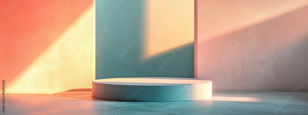 Poster Mockup featuring geometric shapes on an abstract backdrop Blank pedestal for showcasing products 3D render Banner