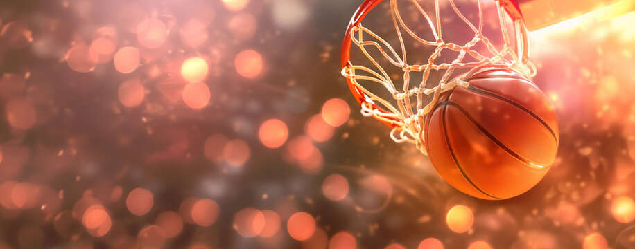 A basketball in the net against a blurred bokeh background. The basketball goes through the hoop, scoring a basket. Copy space for text