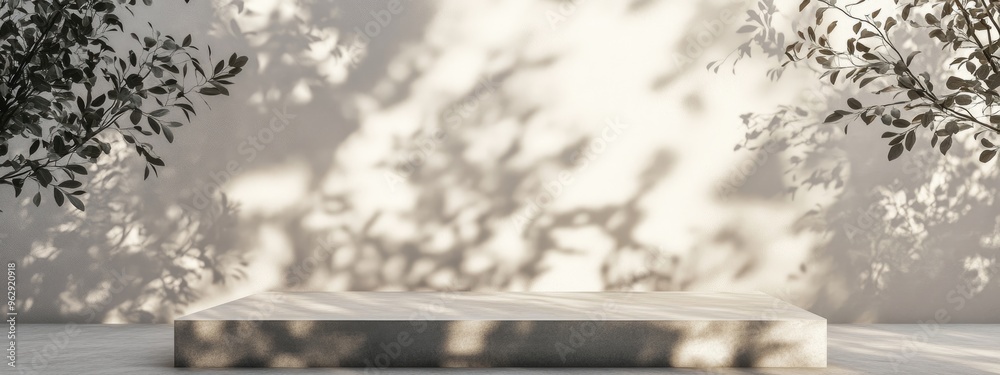 Poster Contemporary Display Stand Featuring Sunlight and Leaf Shadows in 3D Rendering
