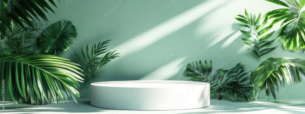Poster Summer themed mockup for showcasing products White podium set against a green backdrop Clipping path applied to all elements 3D rendering illustration