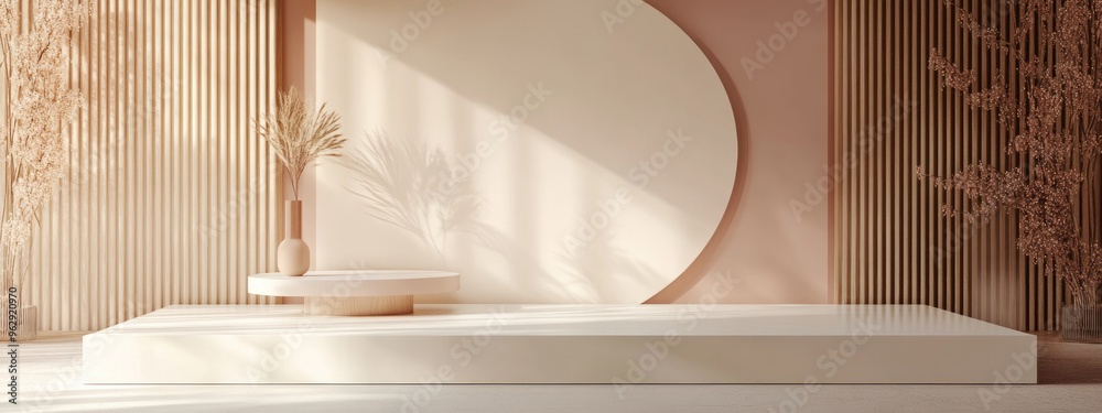 Poster Empty showcase featuring geometric shapes in a contemporary minimalist design Abstract backdrop created for product display 3D rendering illustration for product presentation