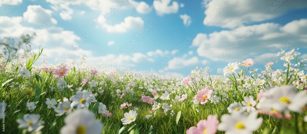 Poster spring flower field scene with a natural beauty podium backdrop 3d rendering