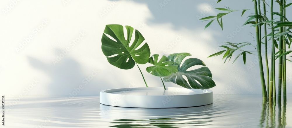 Poster product display pedestal featuring water reflection monstera leaf and bamboo leaf against a white ba