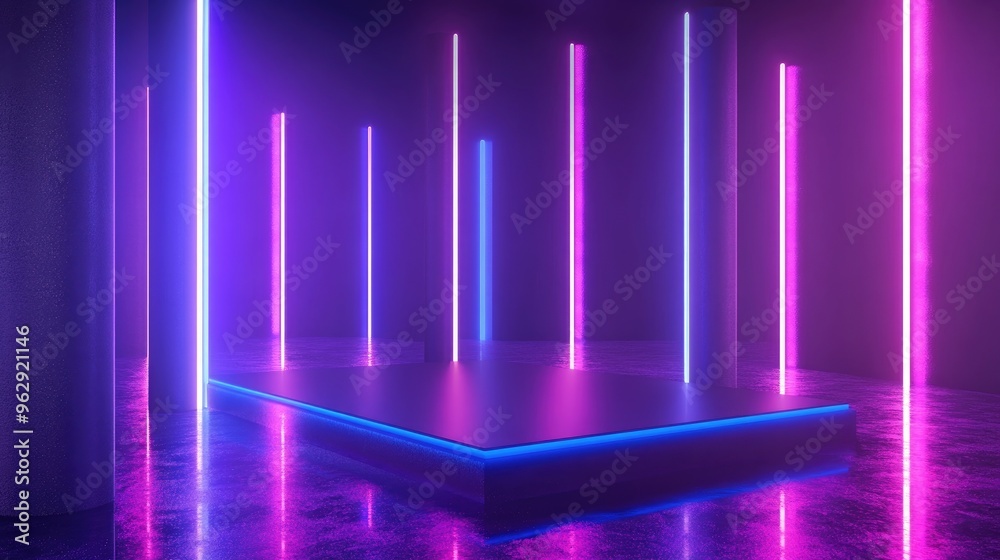 Poster modern empty stage in a reflective room featuring glowing purple and blue neon tubes 3d rendering