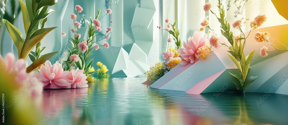 Poster Abstract landscape scene for spring and summer featuring geometric shapes a lake and floral elements in 3D rendering