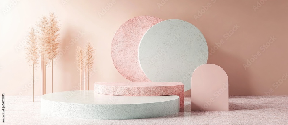 Poster Abstract geometric shapes in pastel colors for minimalist design suitable for cosmetic or product display podium in 3D render