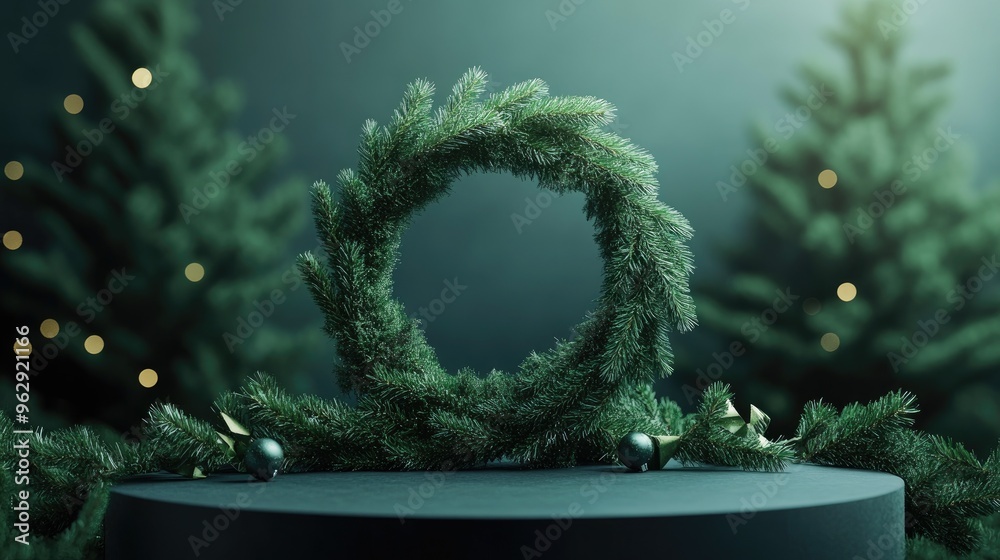 Aufkleber festive podium display featuring a christmas wreath with fir branches 3d rendering 3d illustration