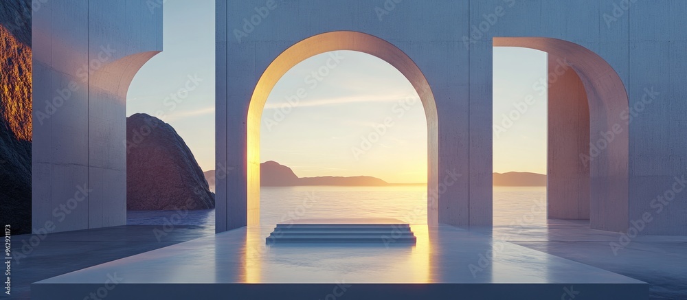 Poster scene featuring geometric shapes an arch with a podium illuminated by natural daylight set against a