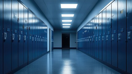 Fototapeta premium A 3D AI-generated scene of a hallway with blue lockers, showcasing a blend of sleek design and advanced technology