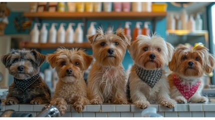 Dogs sitting on a counter in a barber, grooming salon