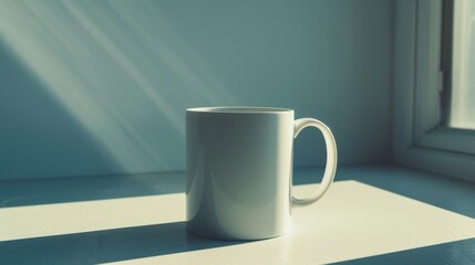 Obraz premium A simple white coffee mug sits basking in soft morning sunlight streaming through a nearby window.