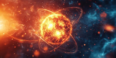 Fototapeta premium Stunning cosmic scene featuring a fiery sun at the center with swirling particles and vibrant colors in space.