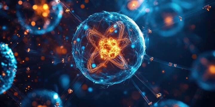 Stunning close-up of a glowing atom in vibrant colors, illustrating the beauty of molecular and atomic structure in science.