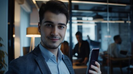 Fototapeta premium A man smiles confidently while holding a smartphone in a sleek, modern office setting with colleagues in the background.