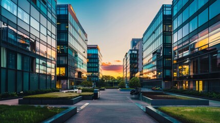 Fototapeta premium Modern glass buildings reflect a stunning sunset, creating a harmonious blend of nature and urban life.