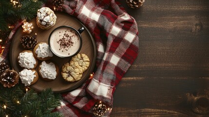 A cozy Christmas background featuring a table with hot cocoa, cookies, and a plaid blanket, perfect for holiday themes