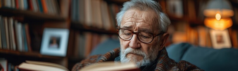 Older man reading a book in a library with a candle