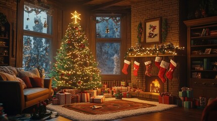 Fototapeta premium A cozy living room decorated with a Christmas tree, stockings, and twinkling lights, with gifts wrapped in festive paper under the tree