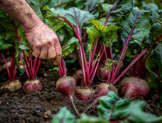 Farmer holds bunch fresh beets with lush leaves. Healthy organic food, vegetables, agriculture