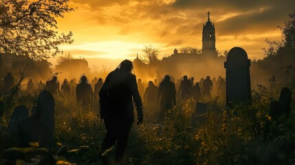 Fototapeta premium Zombies rising from an overgrown graveyard, clawing their way through tangled vines and crumbling tombstones, their decayed bodies emerging into the eerie, moonlit night.