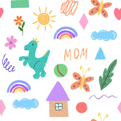 Fototapeta premium Seamless pattern with crayon drawing rainbow, dinosaur and car